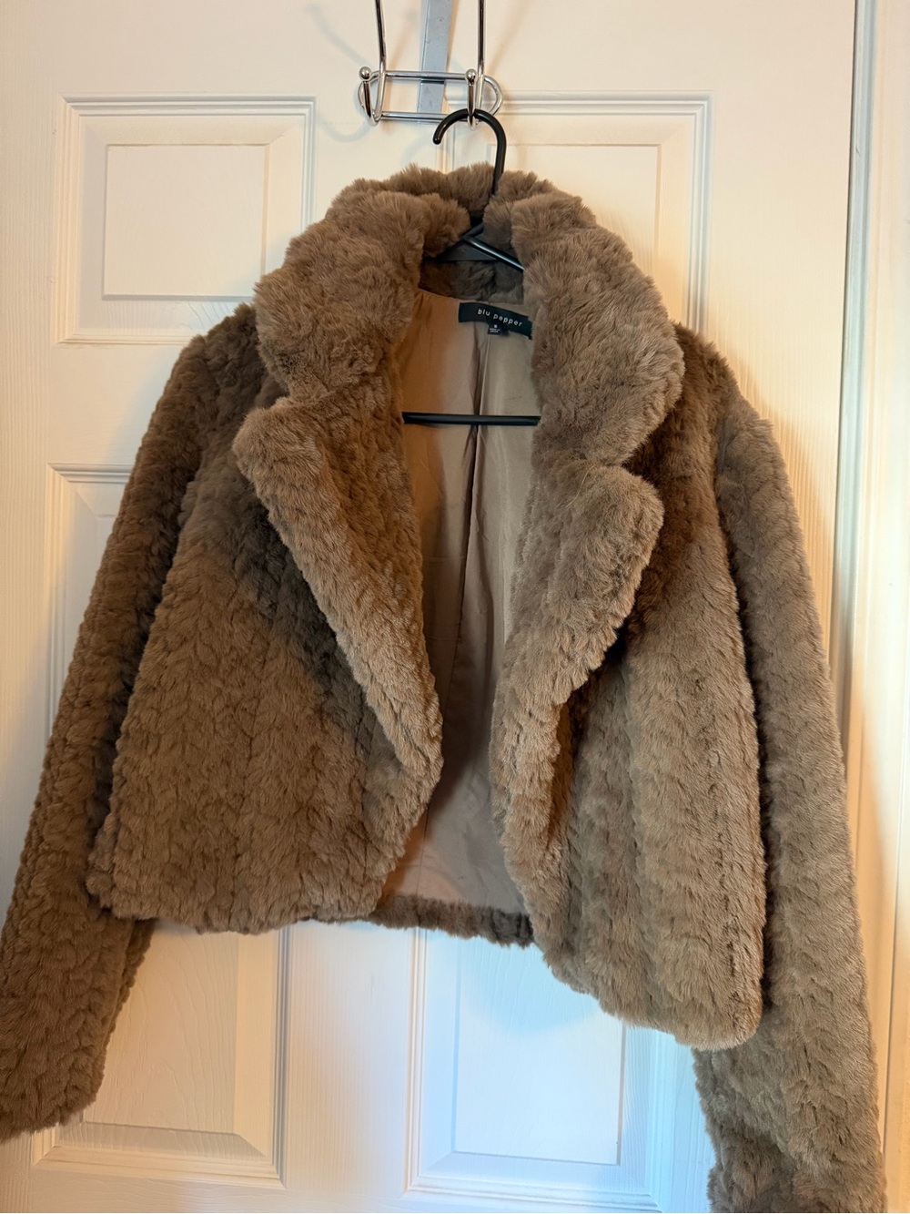Blu Pepper Cropped Faux Fur Teddy Jacket in Taupe